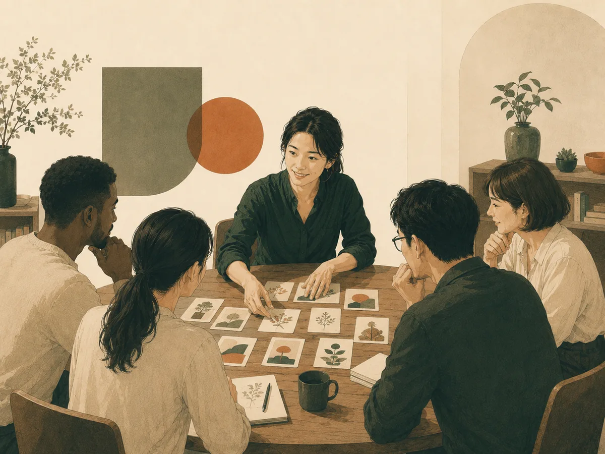 ENFJ 主人公人格圖解：引導者圍繞植物卡與群體進行成長對話