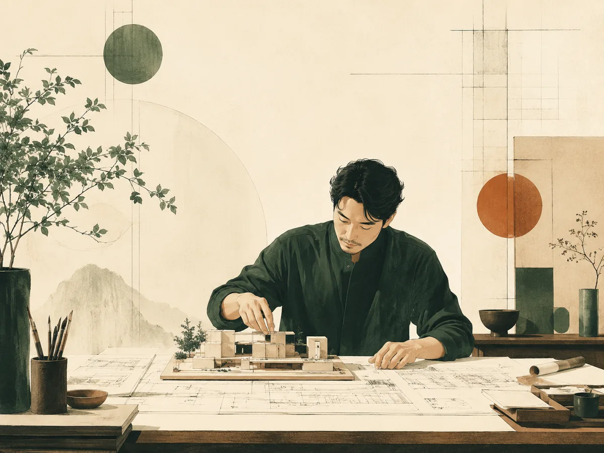 INTJ 建築師人格圖解:在工作桌前研究藍圖並調整建築模型